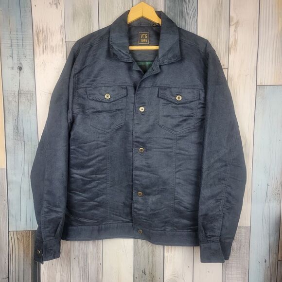VTG 1946 Faux Suade Fleece Lined Navy Blue Trucker Jacket size XL - Picture 2 of 8